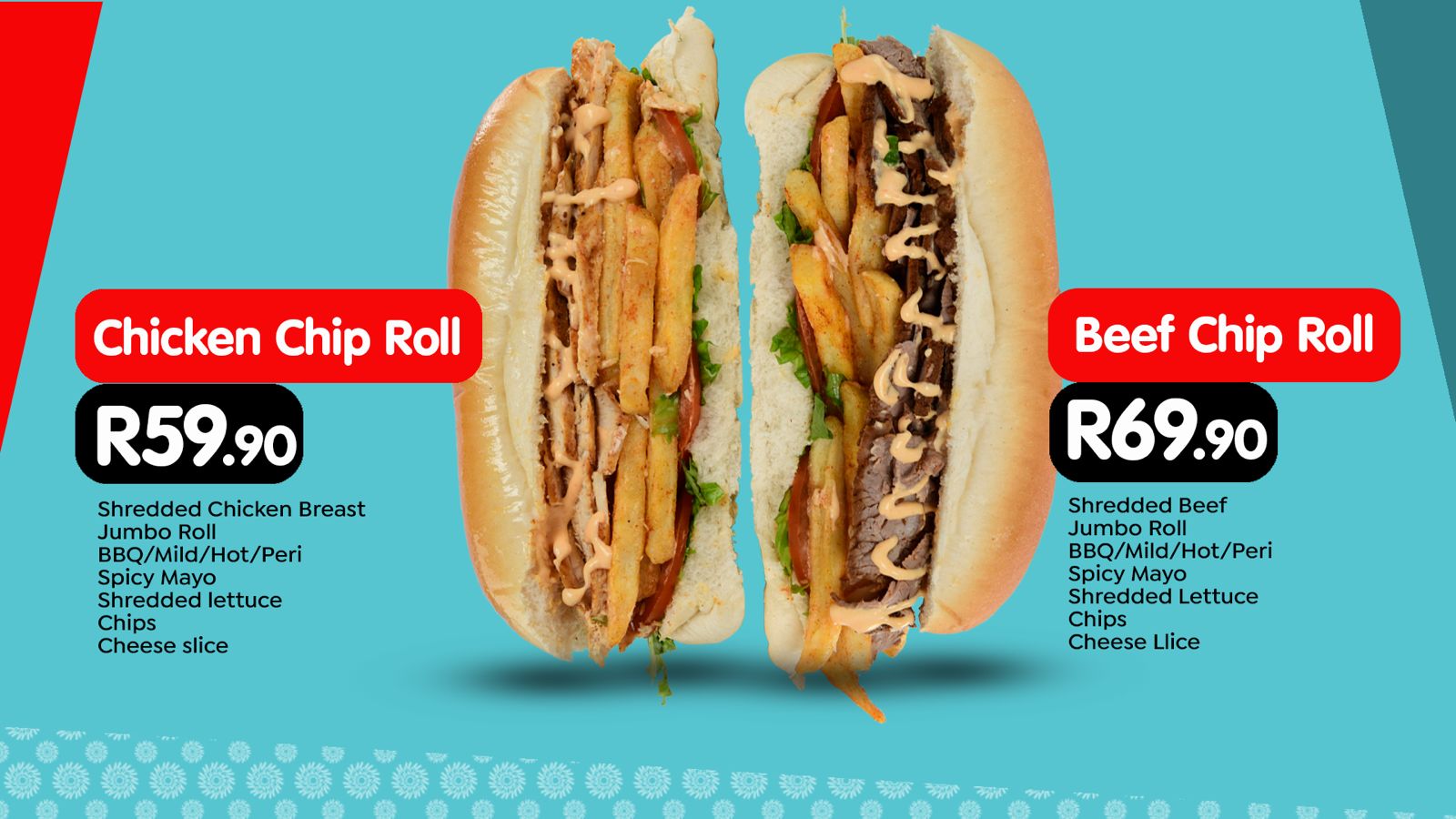 Chicken Chip Roll and Beef Chip Roll menu card